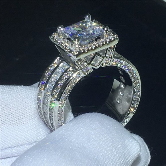 💞 Three Layer Full Zircon Square Anillos Princess Cut Rings for Women, PD194 - Picture 5 of 9